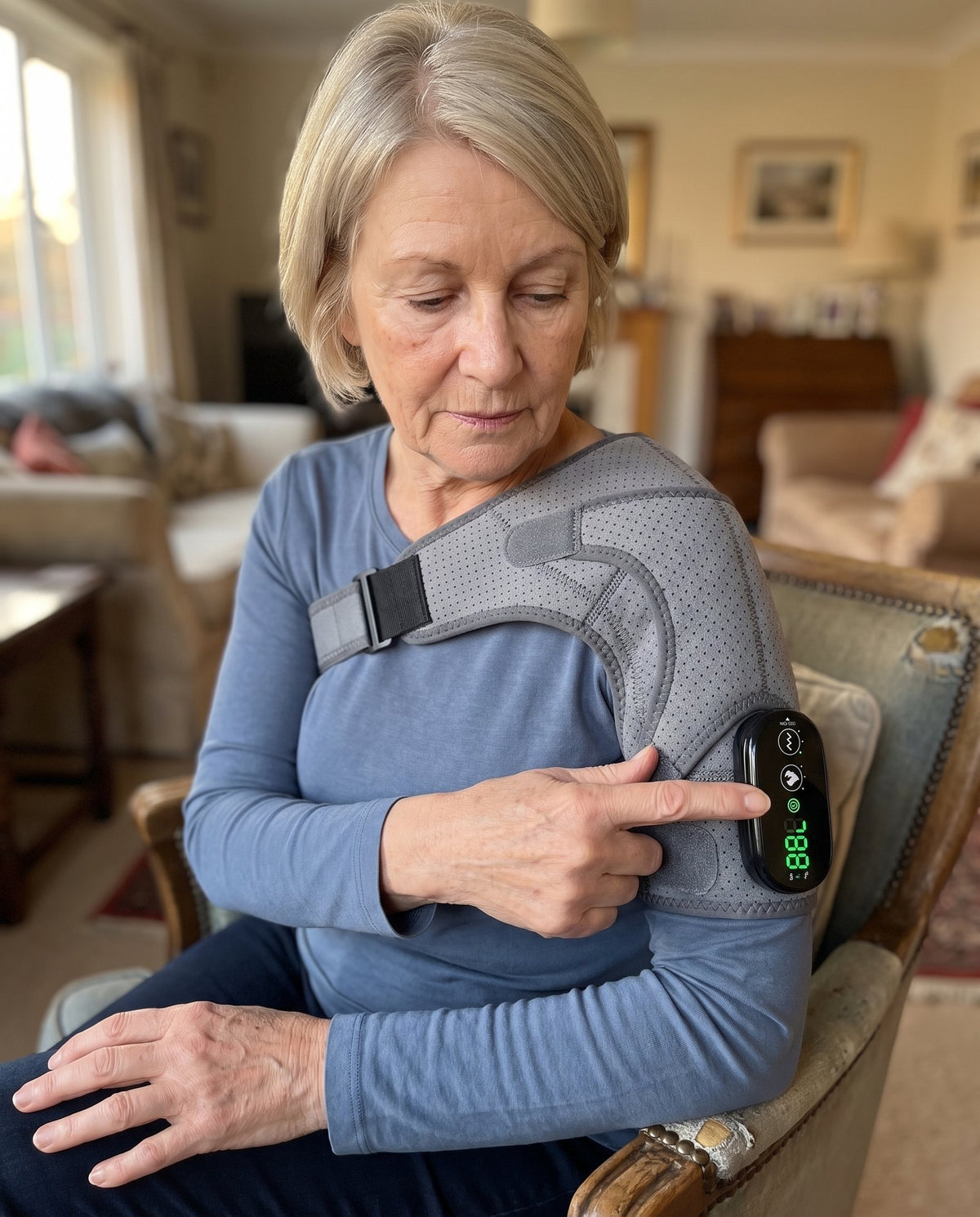 Woman wearing the Olyra Shoulder Wrap in her living room