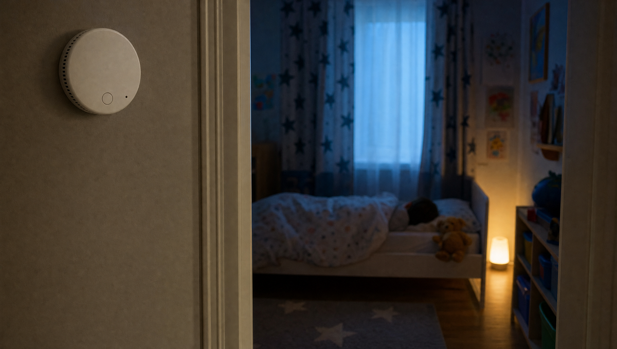 A child's bedroom seen from the hallway at night, the child asleep under the covers with a nightlight glowing in the corner, and a plain round white carbon monoxide alarm on the hallway wall beside the door, dark and silent.
