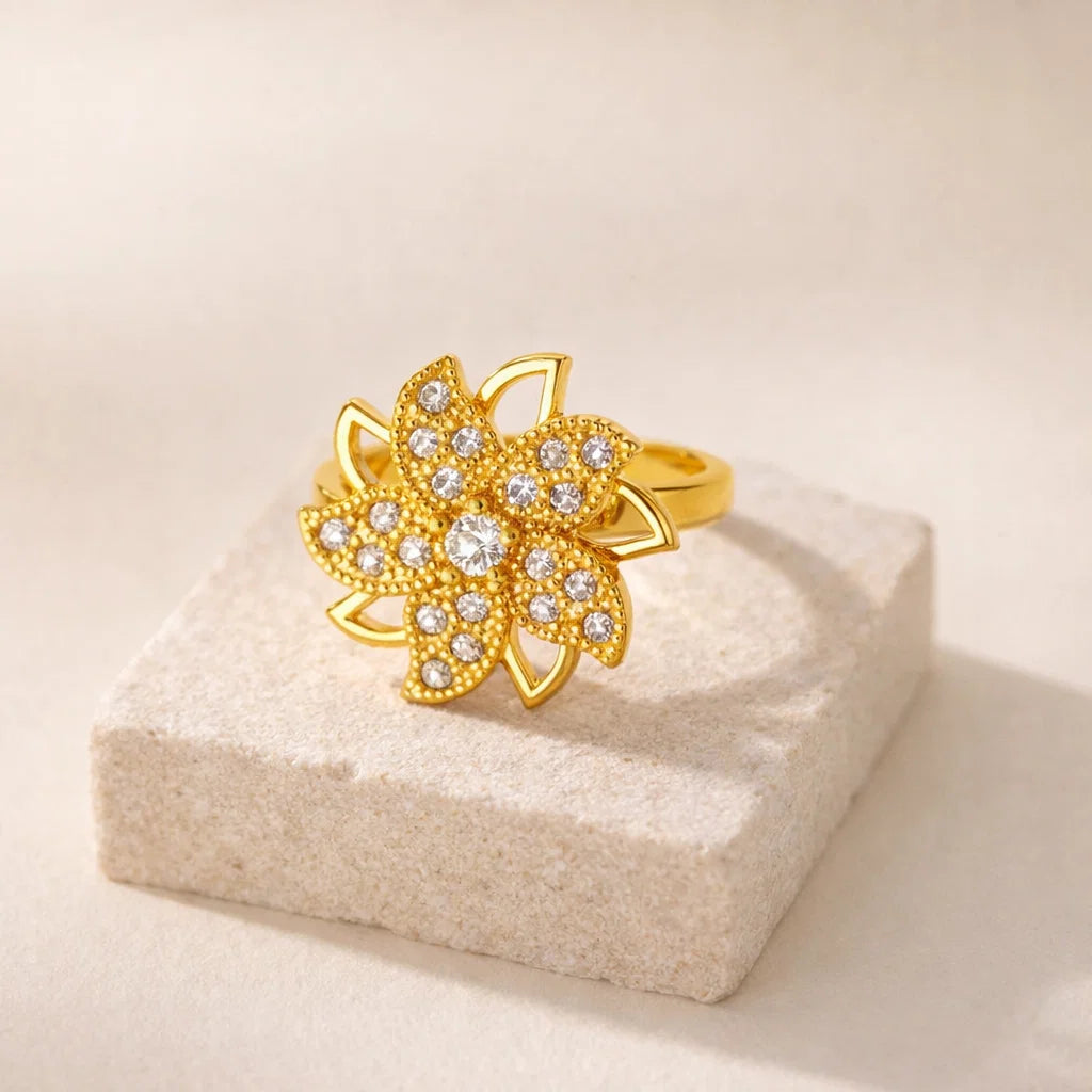 Bague anti-stress acier inoxydable or diamant éventail