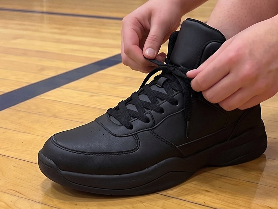 Step 3: slipping the foot into a basketball shoe
