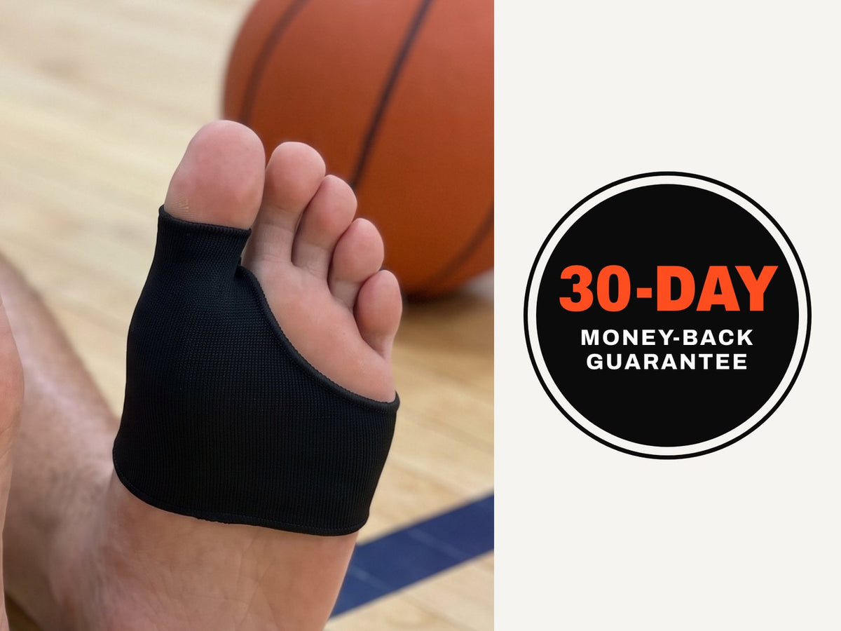 Foot wearing the Olyra Blister Sleeve next to a 30-Day Money-Back Guarantee badge