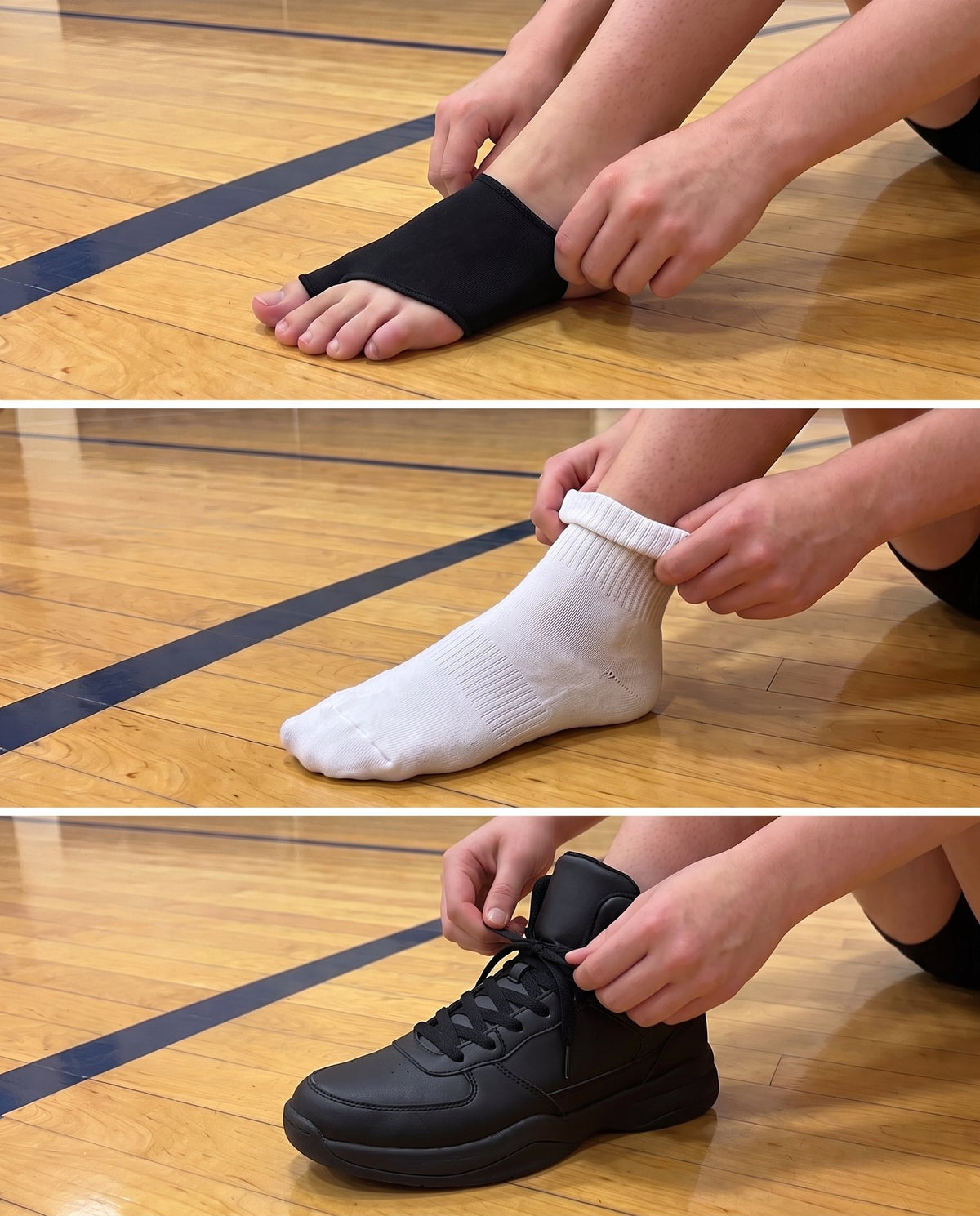 Three steps: the sleeve on a bare foot, a sock pulled over it, then the basketball shoe laced up