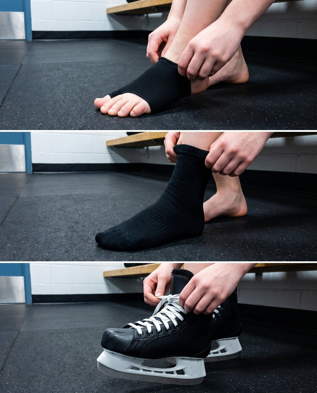 Three steps: the sleeve on a bare foot, a sock pulled over it, then the skate laced up