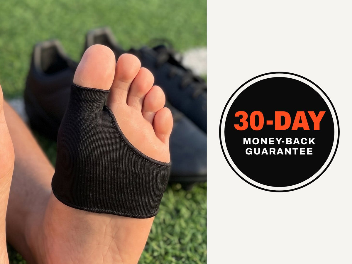 Foot wearing the Olyra Blister Sleeve next to a 30-Day Money-Back Guarantee badge
