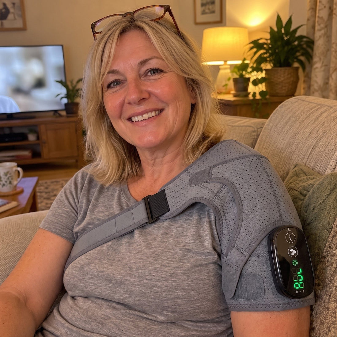 Wearing the Olyra Shoulder Wrap at home