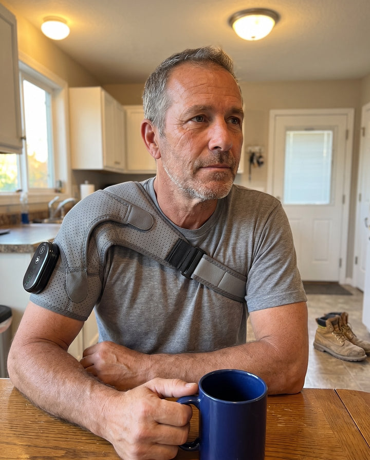 Example photo: man in a work T-shirt at the kitchen table wearing the wrap