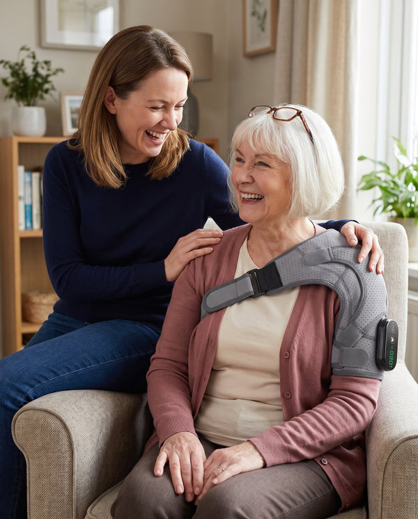 Example photo: mother in her armchair wearing the wrap, daughter beside her