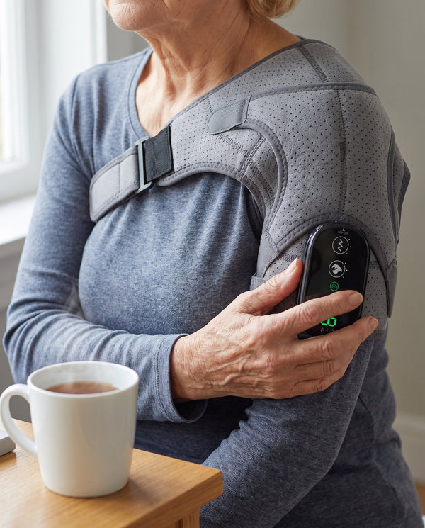 Example photo: shoulder with the wrap and a hand on the controller, cup of tea