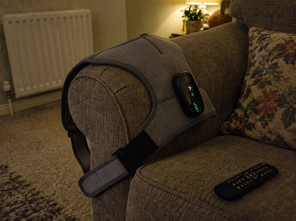 Example photo: the wrap on the sofa arm in the evening