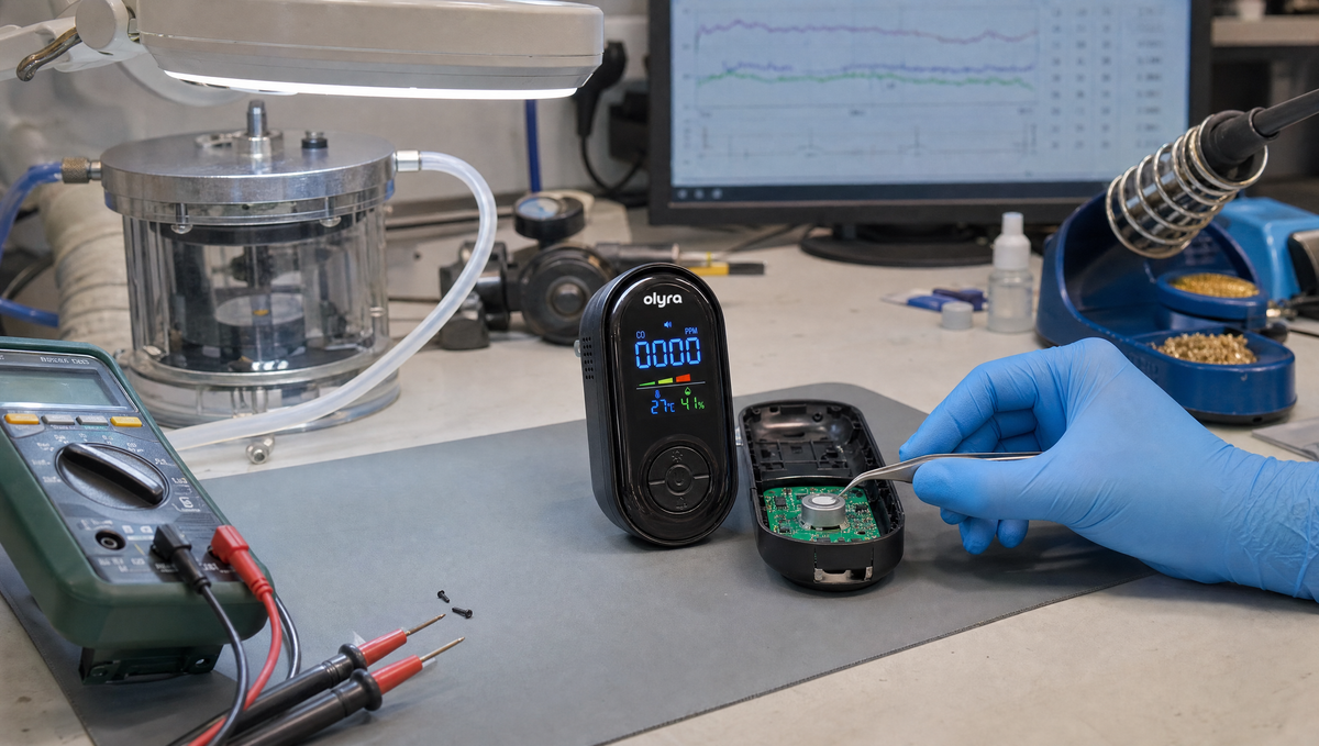An electronics research bench: a TrueDetect carbon monoxide detector with its back casing removed to expose the circuit board and electrochemical sensor, beside a multimeter, a sealed gas calibration chamber and a gloved hand holding tweezers.