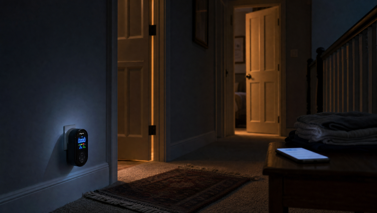 A dark upstairs hallway at night. A TrueDetect detector plugged in at skirting height glows with a live CO reading, bedroom doors stand ajar with night lights inside, and a phone on the hall table is lit with a notification.
