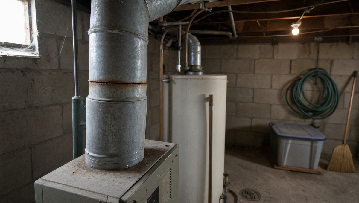 A residential basement: a gas furnace and water heater side by side, with a galvanized flue pipe rising into the joists and a rust-stained hairline gap visible at one of the flue joints.