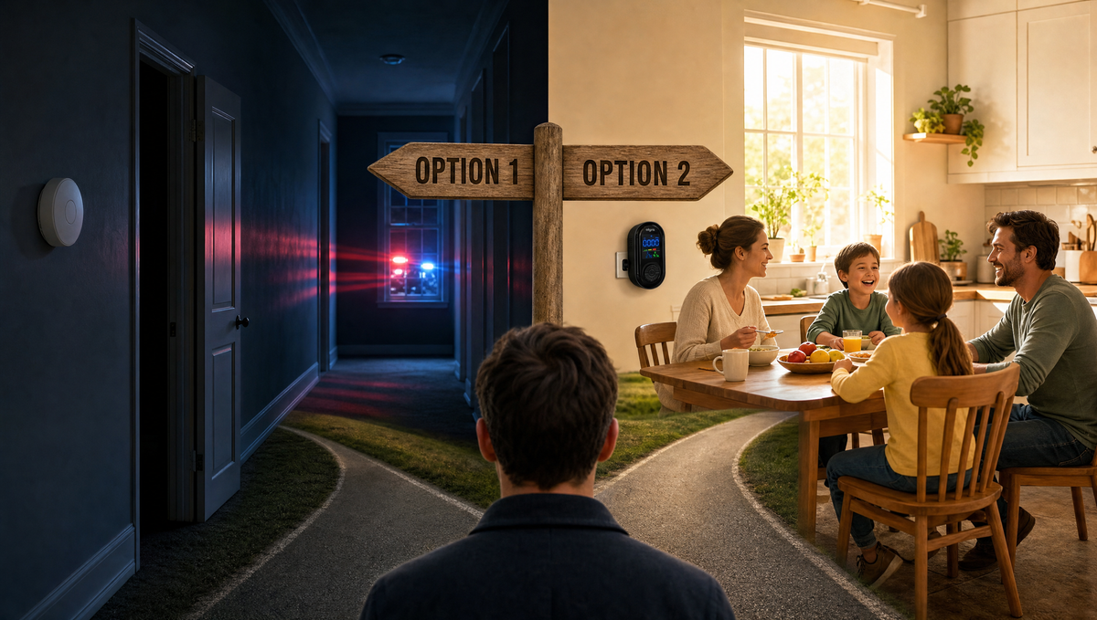 A split image with a signpost at the centre. Option 1 points left into a dark, silent hallway with a plain white detector on the wall and emergency lights flashing through a window at the far end. Option 2 points right into a bright kitchen where a family eats breakfast together, with a TrueDetect detector plugged into the wall behind them.