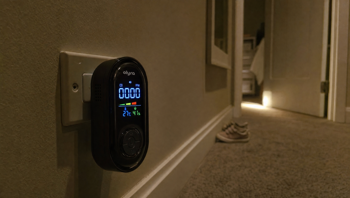A TrueDetect carbon monoxide detector plugged into a wall outlet on an upstairs landing at night, its colour display reading 0000 PPM, with a child's bedroom door ajar and a nightlight glowing behind it.