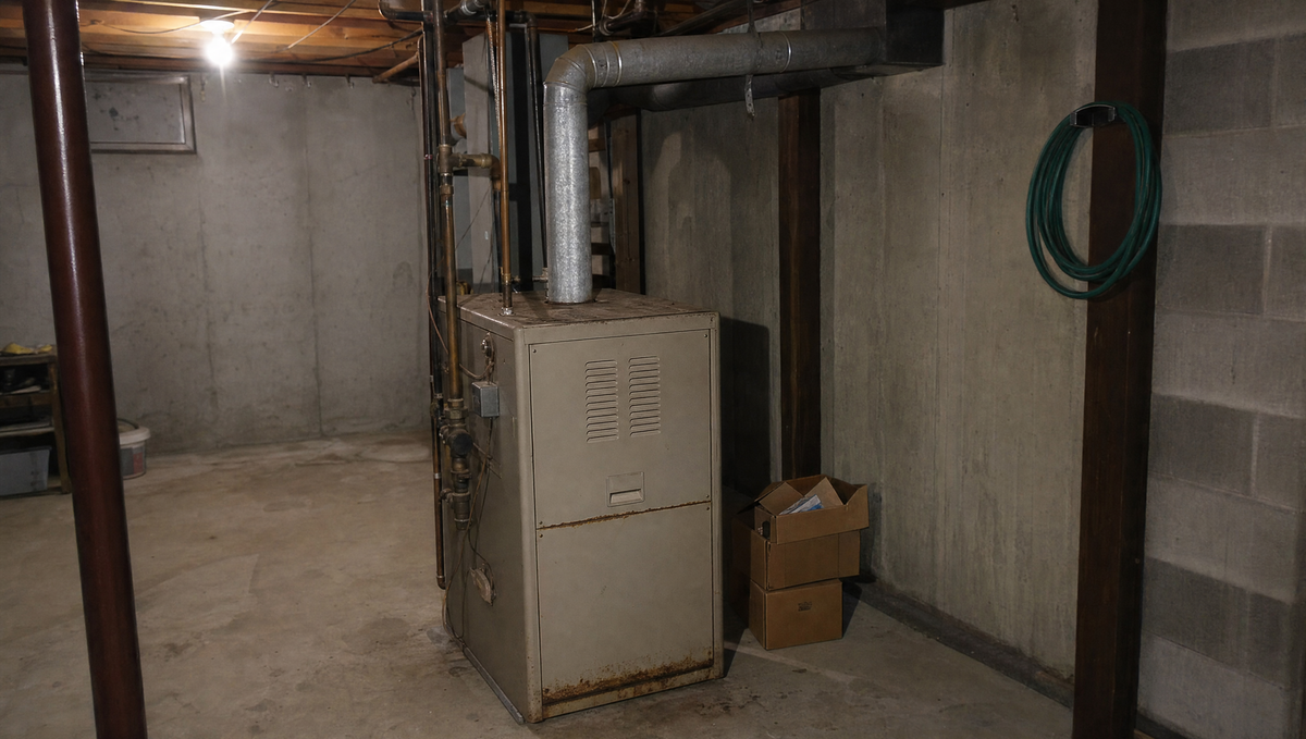 An ageing gas furnace standing in an unfinished basement, its galvanized flue pipe running up into the ceiling joists, lit by a single bare bulb.