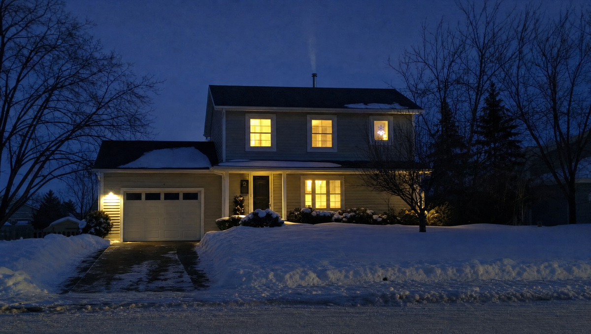 An ordinary suburban house at winter dusk, snow across the lawn, every window lit warm gold and a child's nightlight glowing in an upstairs window, with a faint plume of vapour rising from the furnace flue on the roof.