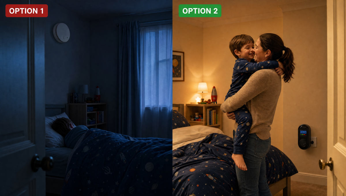 A split image. Option 1 shows a dark child's bedroom at night with a plain round white alarm on the wall, silent. Option 2 shows the same room lit and awake, a TrueDetect detector glowing in the wall outlet and a mother lifting her son up into her arms.
