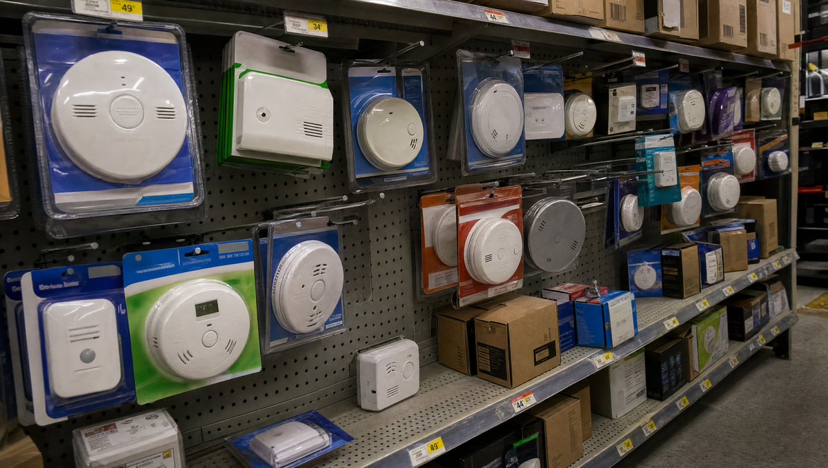 A hardware store aisle stacked with rows of near-identical cheap carbon monoxide alarms from different manufacturers, hanging in blister packs under fluorescent light.