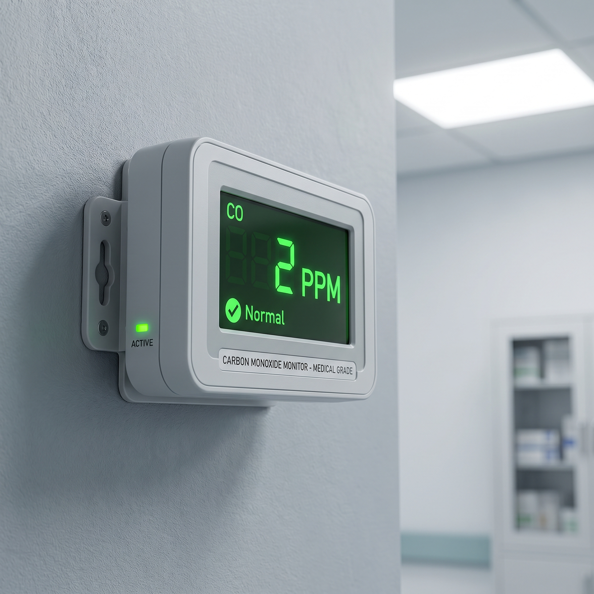 A medical-grade carbon monoxide monitor mounted on a hospital corridor wall, its green display reading 2 PPM and marked Normal.