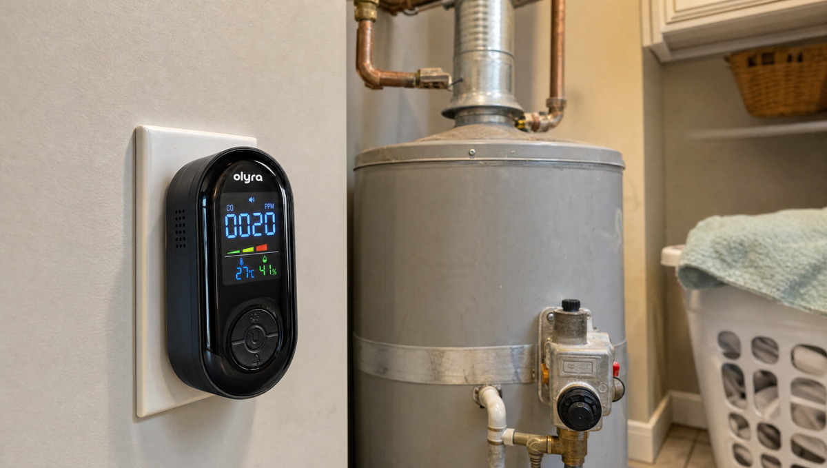 The TrueDetect detector plugged into a utility room outlet beside a gas water heater, its display reading 0020 PPM with the bar lit into the amber range.