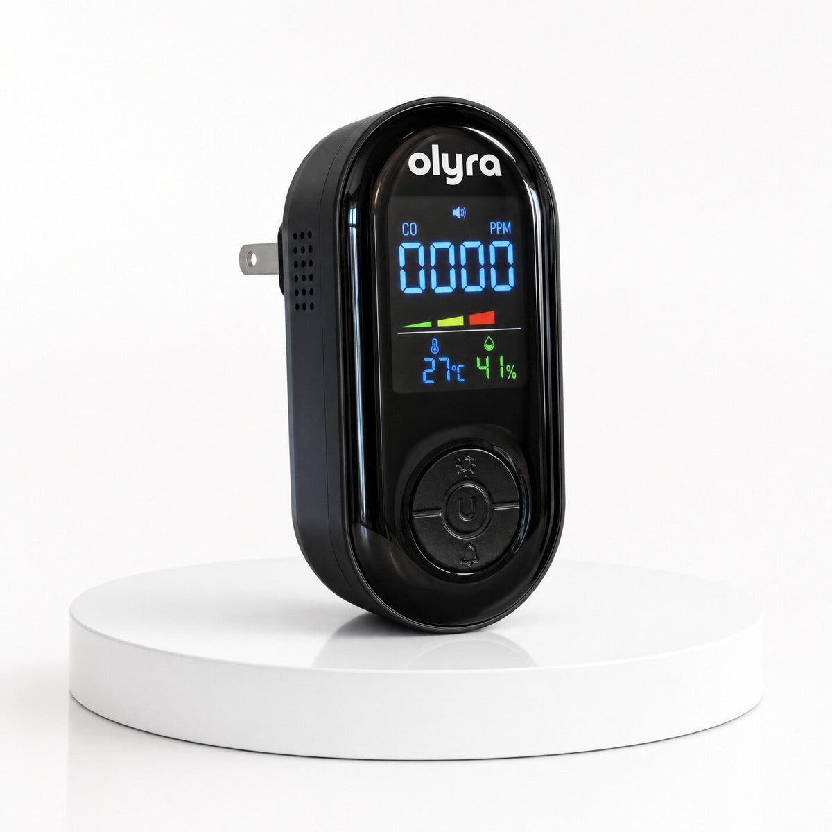 The TrueDetect carbon monoxide detector shown alone on a studio podium.