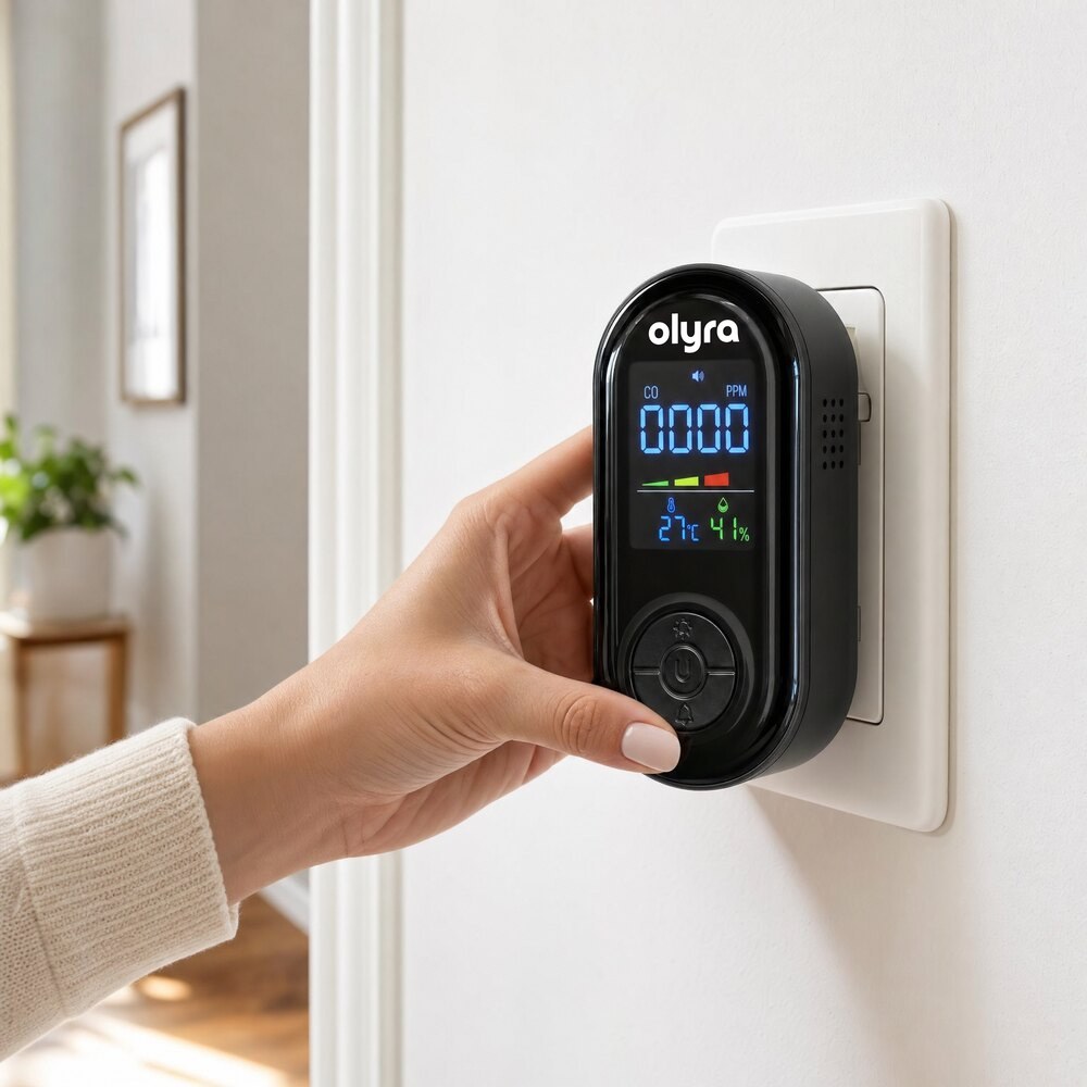 A hand plugging the TrueDetect detector into a wall outlet in a bright hallway.