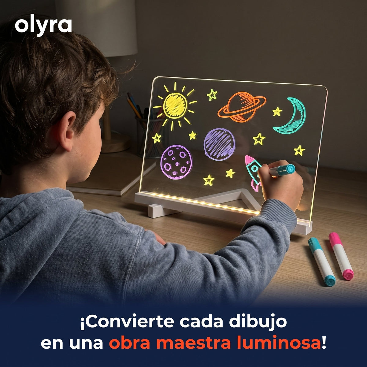 Dibujo iluminado en neón sobre la pizarra