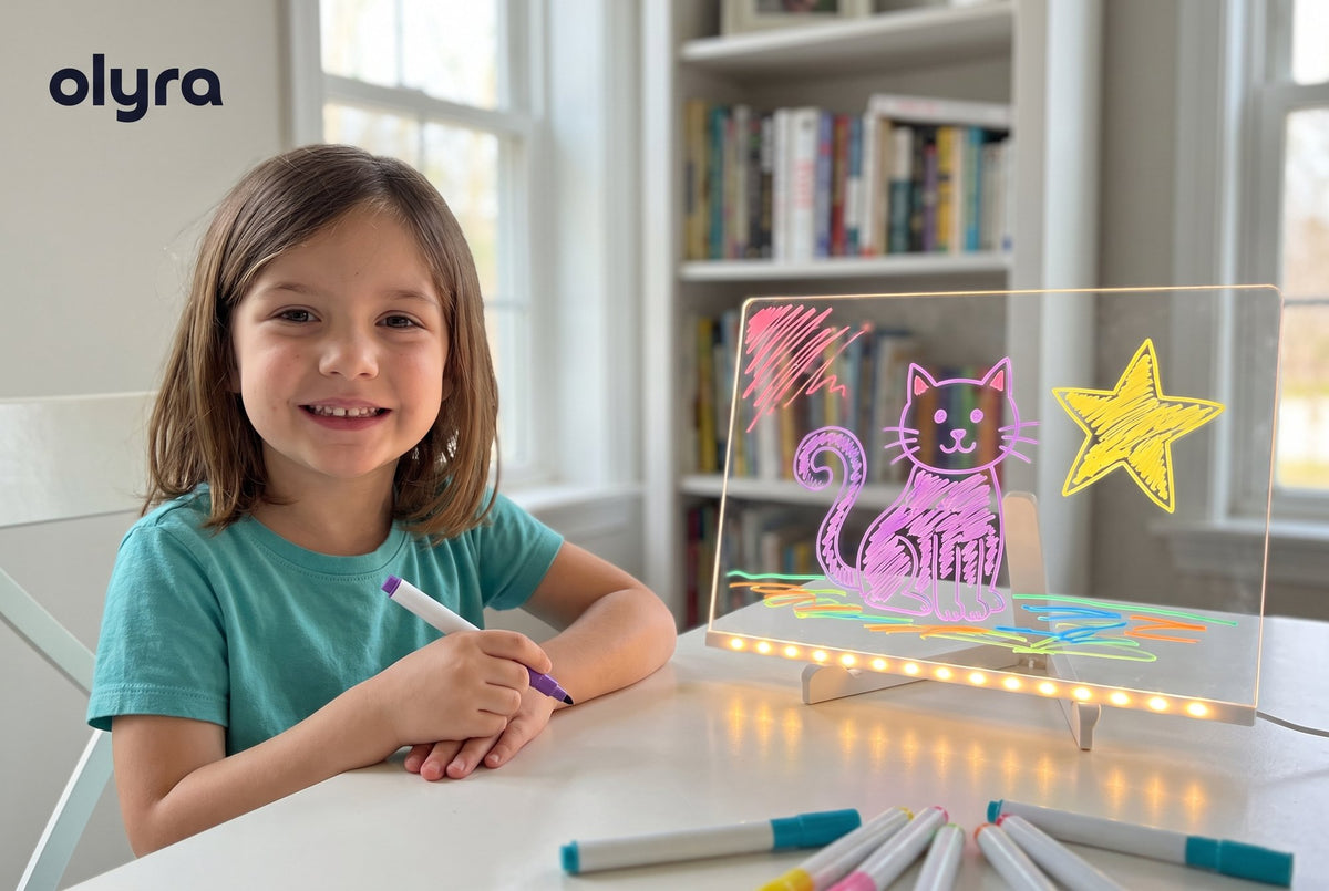 Niña sonriente junto a su pizarra luminosa Olyra GlowSketch