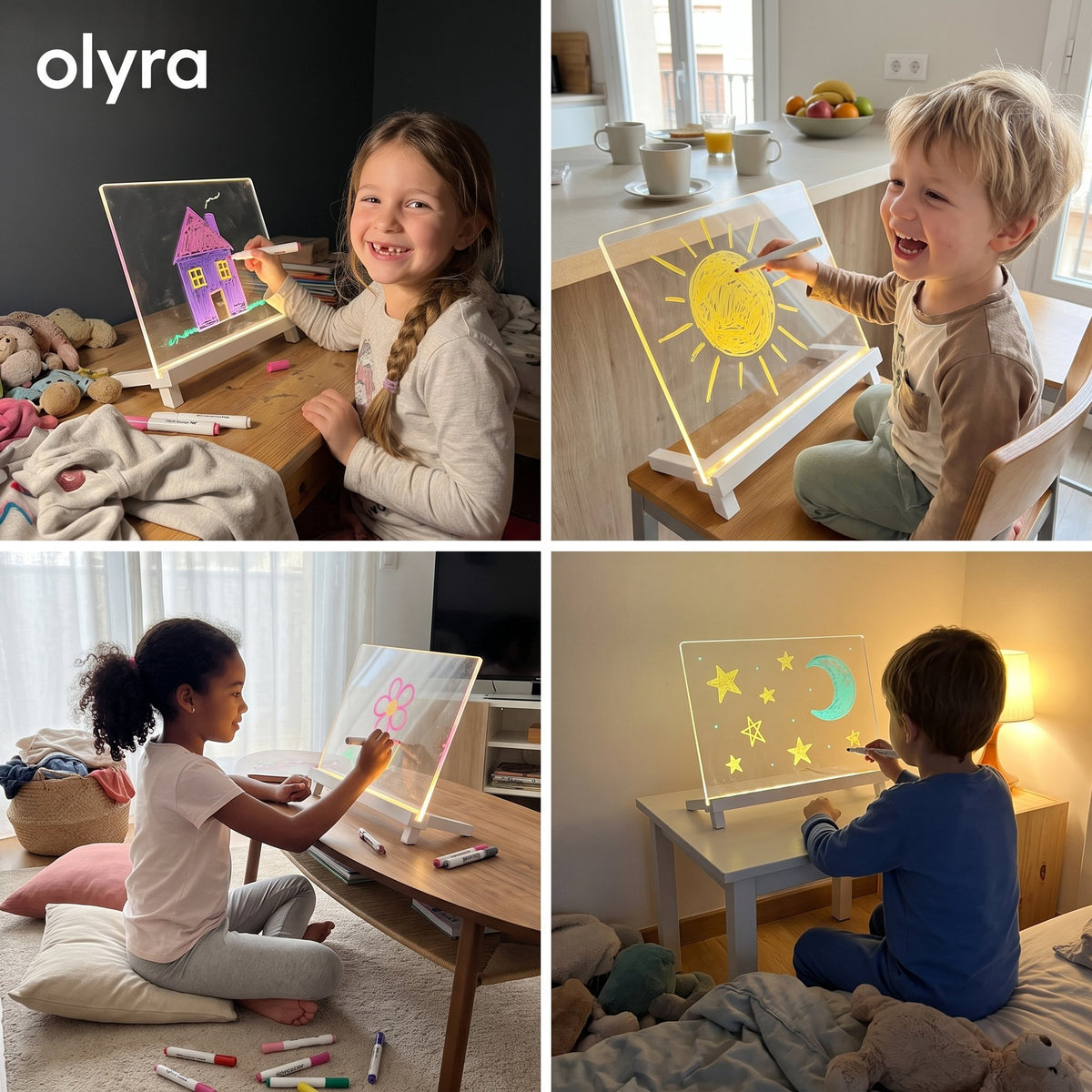 Cuatro peques dibujando con sus pizarras luminosas