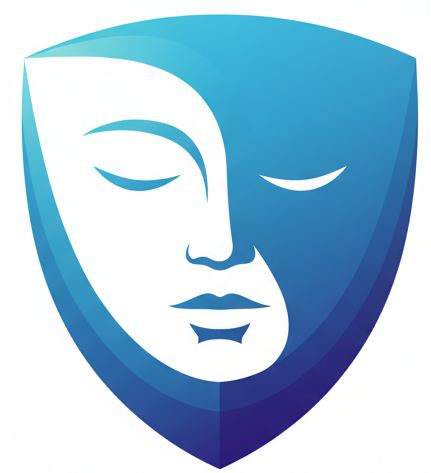 symbole combiné bleu d'un visage apaisé et d'un bouclier sans arrière plan 